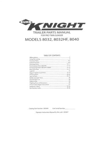 Kuhn Kinght Manure Spreader Pro Twin Slinger Model 8032 8032HF 8040 Parts Manual