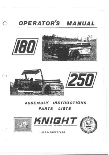 Kuhn Knight Manure Spreader 180 & 250 Operators Manual and Spare Parts List