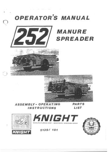 Kuhn Knight Manure Spreader 252 Operators Manual and Spare Parts List