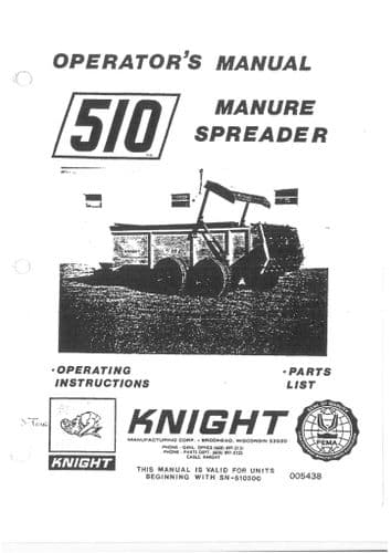 Kuhn Knight Manure Spreader 510 Operators Manual and Spare Parts List