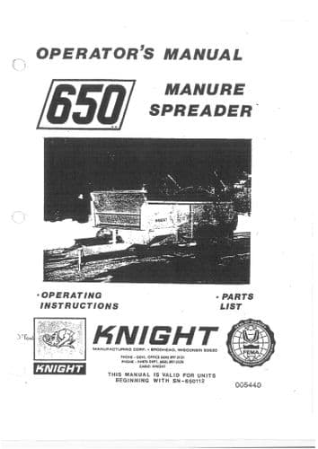Kuhn Knight Manure Spreader 650 Operators Manual and Spare Parts List