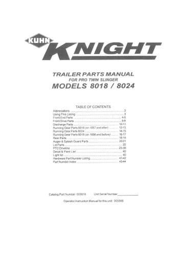 Kuhn Knight Manure Spreader Pro Twin Slinger Model 8018 8024 Parts Manual