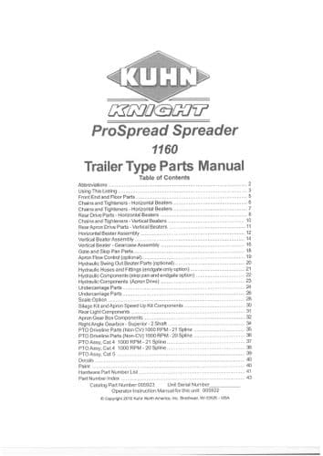 Kuhn Knight ProSpread Spreader 1160 Parts Manual