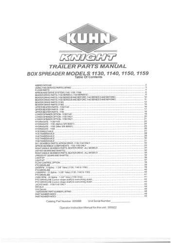Kuhn Knight Rear Discharge Spreader 1130 1140 1150 1159 Parts Manual
