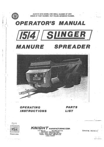 Kuhn Manure Spreader Slinger Model 1514 Parts Manual