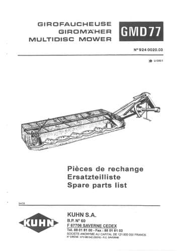 Kuhn Multi Disc Mower GMD77 Parts Manual
