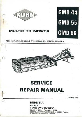 Kuhn Multidisc Mower GMD44 GMD55 GMD66 Workshop Service Manual with Supp for S, HD & 77