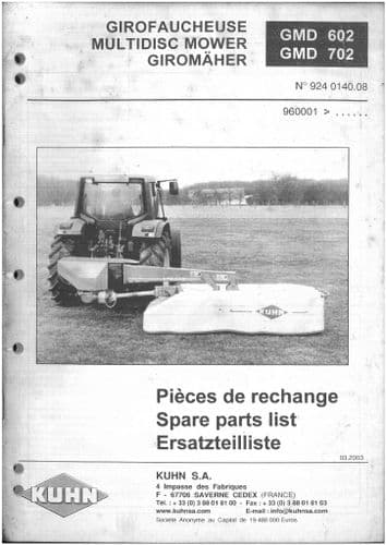 Kuhn Multidisc Mower GMD602 GMD702 Parts Manual