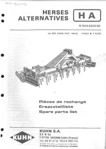 Kuhn Power Harrow Herses Alternatives HA300 HA300D HA400 HA400D Parts Manual