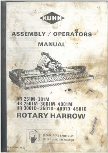 Kuhn Rotary Harrow HR 251M 301M  2501M 3001M 4001M 3001D 3501D 4001D 4501D -  Operators Manual ORIGI