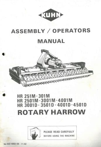 Kuhn Rotary Harrow HR 251M 301M  2501M 3001M 4001M 3001D 3501D 4001D 4501D -  Operators Manual