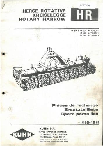 Kuhn Rotary Harrow HR180 HR240 HR300 HR360 Parts Manual