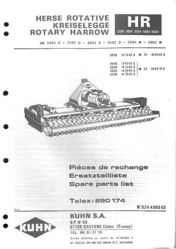 Kuhn Rotary Harrow HR2501 HR3001 HR3501 HR4001 HR4501 D & M Parts Manual