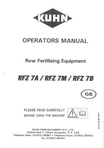 Kuhn Row Fertilising Equipment RFZ7A RFZ7M RFZ7B Operators Manual