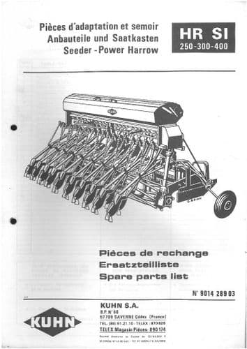 Kuhn Seeder Power Harrow HR250 SI HR300 SI HR400 SI Parts Manual - HR 250 300 400 SI