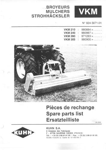 Kuhn Shedder Flail Mower Topper VKM210 VKM240 VKM280 VKM305 Parts Manual