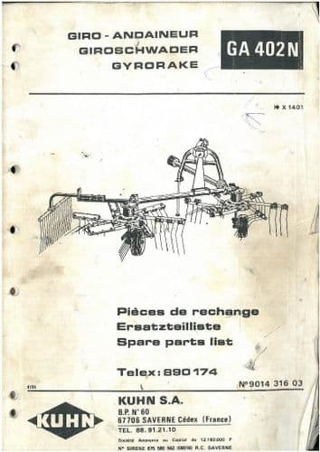 Kuhn Tedder Gyrotedder GA402N Parts Manual - GA 402N