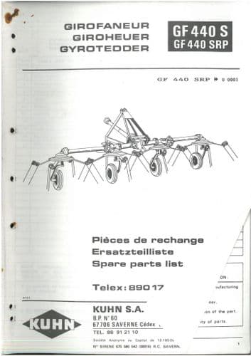 Kuhn Tedder Gyrotedder GF440S & GF440SRP Parts Manual GF 440 SRP