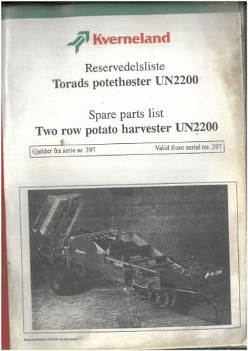 Kverneland 2 Row Potato Harvester - Models UN2200 Parts Manual