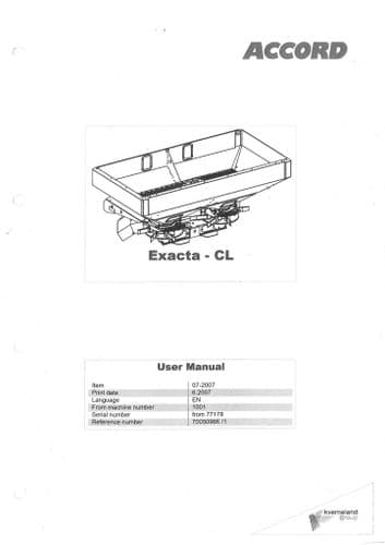 Kverneland Fertiliser Spreader Exacta CL CL1100 CL1400 CL1450 CL1700 CL1750 CL2050 Operators Manual