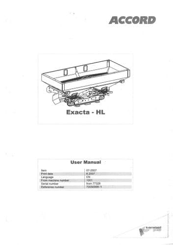 Kverneland Fertiliser Spreader Exacta HL HL1700 HL2400 HL2600 HL3300 HL3500 HL3900 Operators Manual