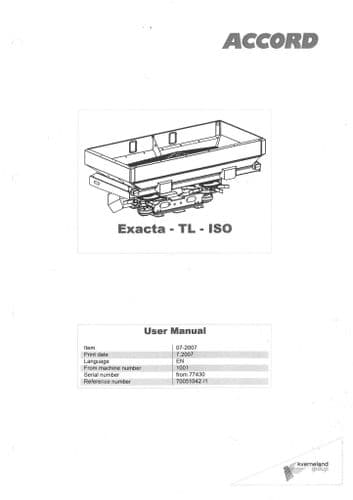 Kverneland Fertiliser Spreader Exacta TL1700 TL2400 TL2600 TL3300 TL3500 TL3900 ISO Operators Manual