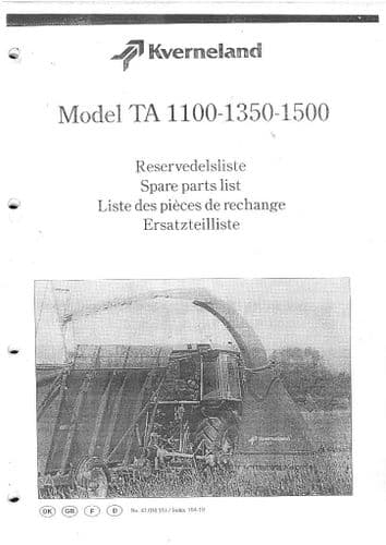 Kverneland Forage Harvester TA1100 TA1350 TA1500 Parts Manual - TA 1100 1350 1500 Forager