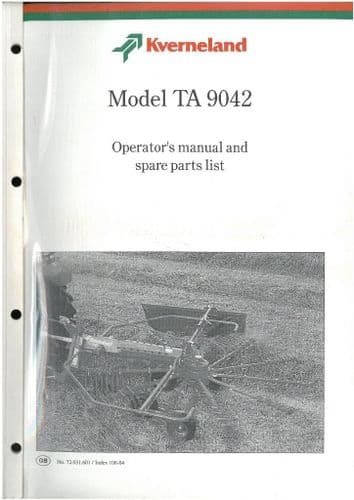 Kverneland Rake - Model TA9042 Operators Manual with Parts List - TA 9042