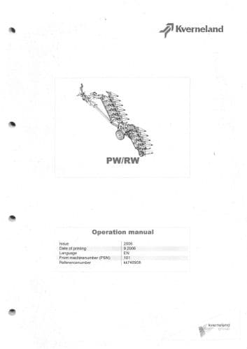Kverneland Reversible Plough Model PW & RW - 7 8 9 10 11 12 Furrows Operators Manual
