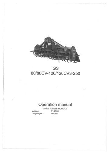 Kverneland Rotavator GS 80 80CV 120 120CV3-250  Operators Manual