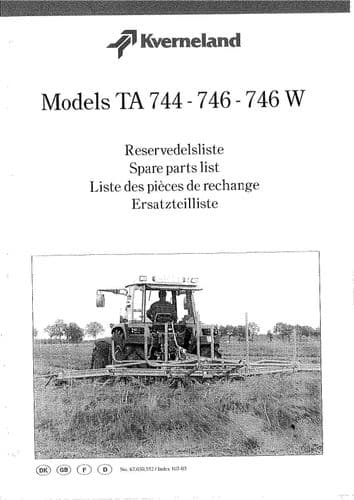 Kverneland Taarup Rake/Tedder - Model TA744 TA746 TA746W Parts Manual