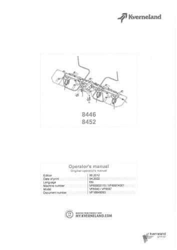 Kverneland Tedder 8446 & 8452 Operators Manual
