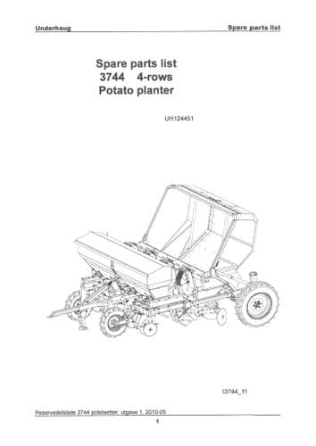 Kverneland Underhaug Four Row  Potato Planter 3744 Parts Manual