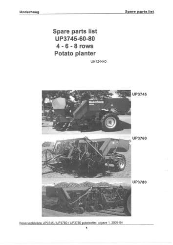 Kverneland Underhaug Four, Six & Eight Row Potato Planter UP3745 UP3760 & UP3780 Parts Manual