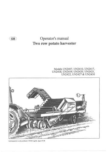 Kverneland Underhaug Two Row Potato Planter UN2407 UN2410 UN2417 UN2418 UN2419 UN2420Operators Manul