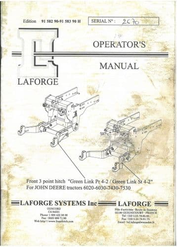 LAFORGE front 3 point hitch Green Link PR ST 4-2" for John Deere 6020 6030 7430 7530 Ops Manual
