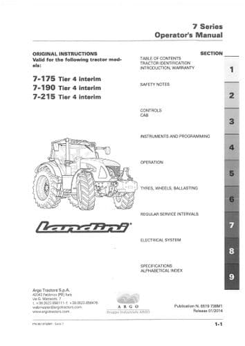 Landini Tractor 7-175 7-190 7-215 Tier 4 Interim Operators Manual