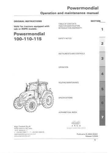 Landini Tractor PowerMondial 100 110 115 Operators Manual