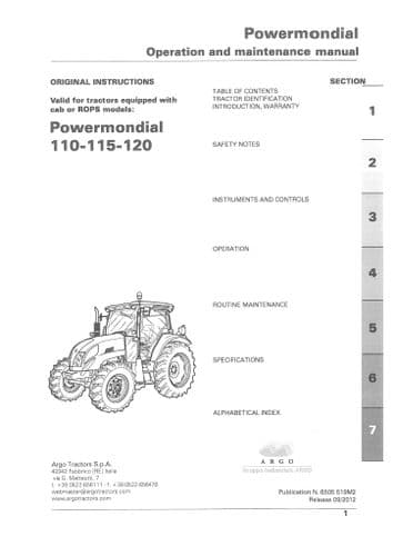 Landini Tractor PowerMondial 110 115 120 Operators Manual