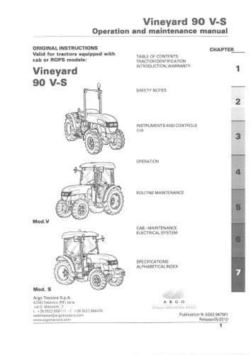 Landini Tractor Vineyard 90 V-S Operators Manual
