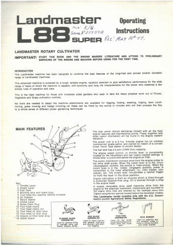 Landmaster Rotary Cultivator L88 Super Operators Manual