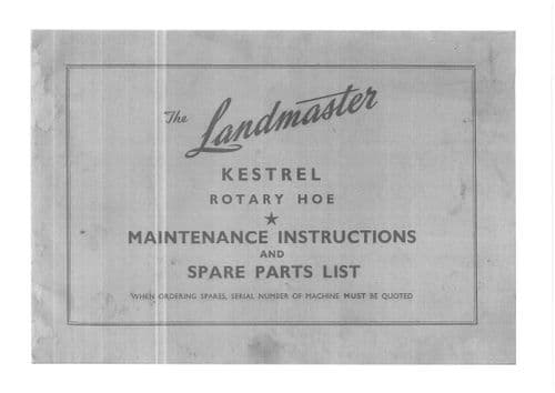 Landmaster Rotary Hoe Kestrel Operators Manual and Parts List