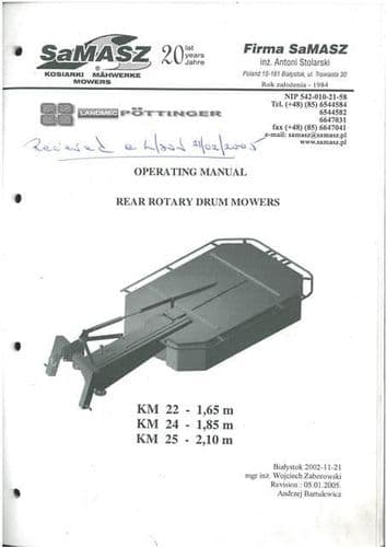 Landmec Pottinger Samasz Mower KM22 KM24 KM25 Operators Manual with Parts List