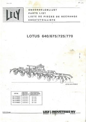 Lely Lotus Stabilo 640 675 725 & 770 Parts Manual