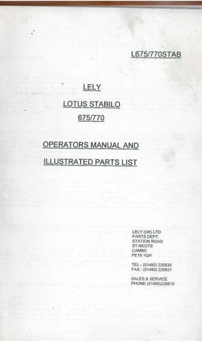 Lely Lotus Stabilo Tedder 675 & 770 Operators Manual with Parts List