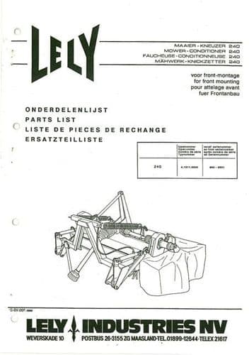 Lely Mower Conditioner 240 For Front Mounting Parts Manual