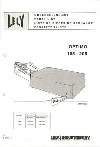 Lely Mower Optimo 165 205 Parts Manual