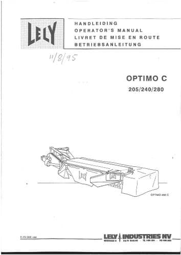 Lely Mower Optimo C205 C240 C280 Operators Manual - ORIGINAL MANUAL