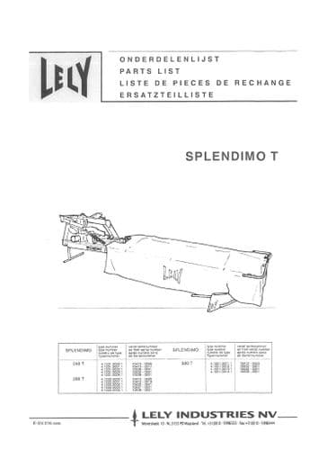 Lely Mower Splendimo 240T 280T Parts Manual