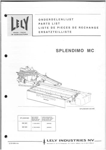 Lely Mower Splendimo 280 & 320 MC Parts Manual - 280MC 320MC - ORIGINAL